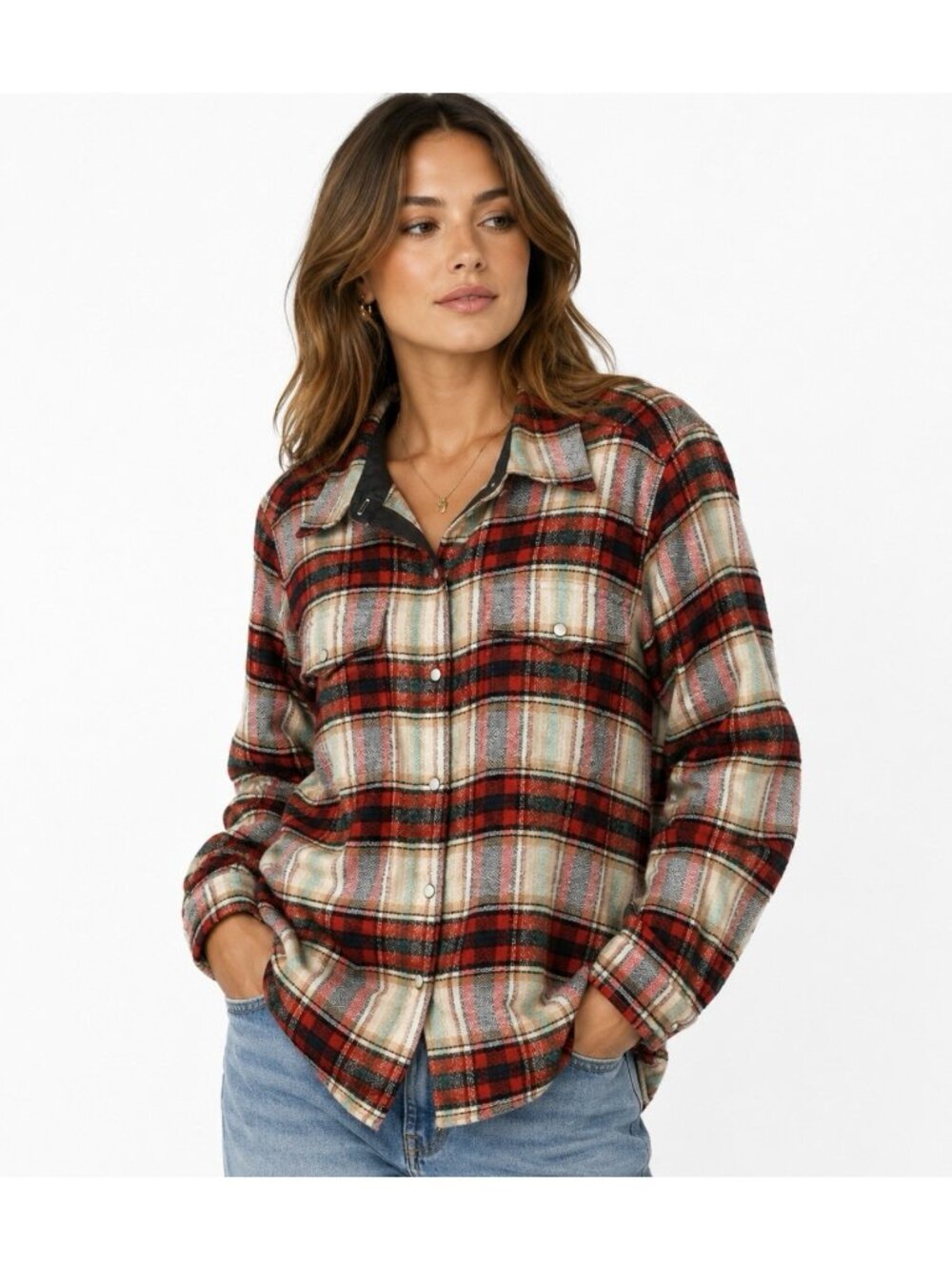 TOAD&CO. Women's Folk Yeah Shirt Jacket Large Red Plaid Wool Blend Pearl Snap